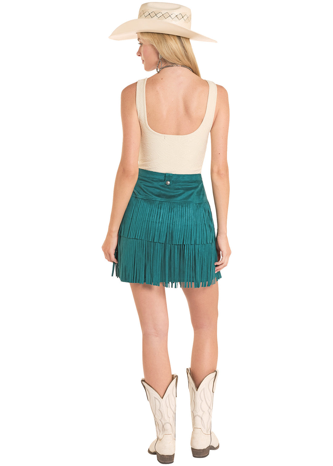 Teal Fringe Microsuede Belted Skirt
