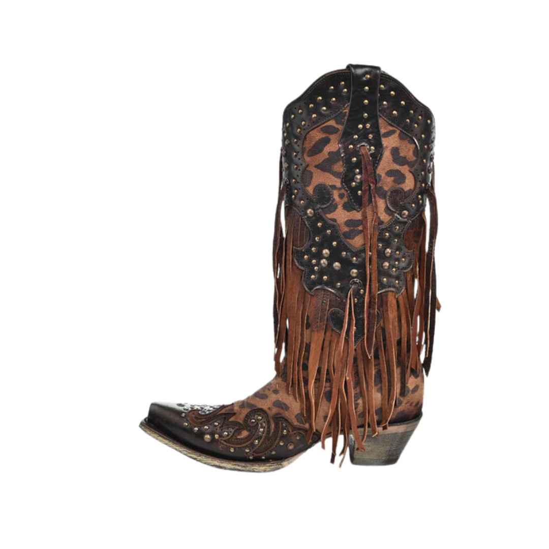 Corral Women's Leopard Print With Fringe And Studs Snip Toe Cowboy Brown Boo