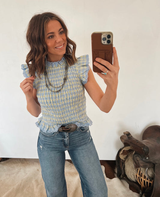 Sunday Blue Checkered Gingham Smocked Lace Trim