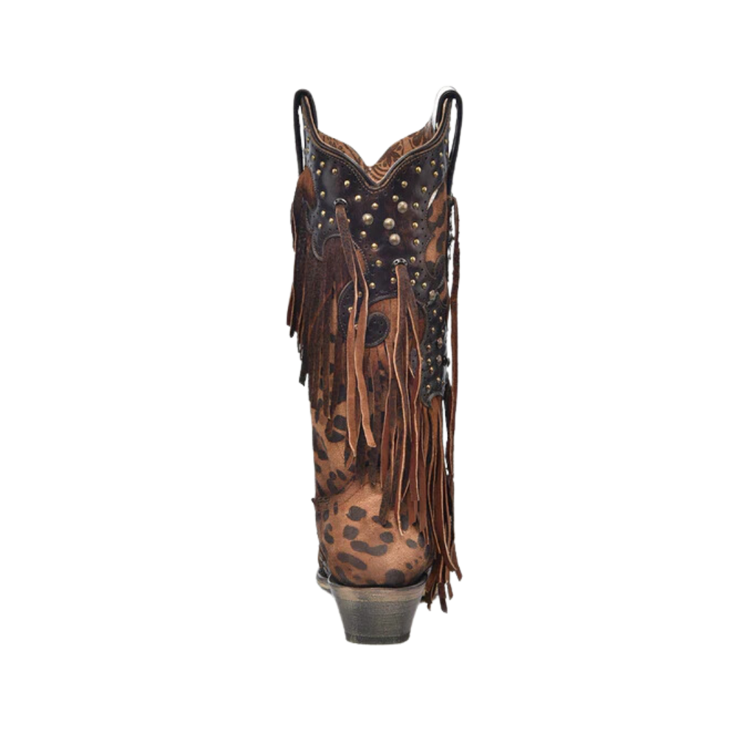 Corral Women's Leopard Print With Fringe And Studs Snip Toe Cowboy Brown Boo