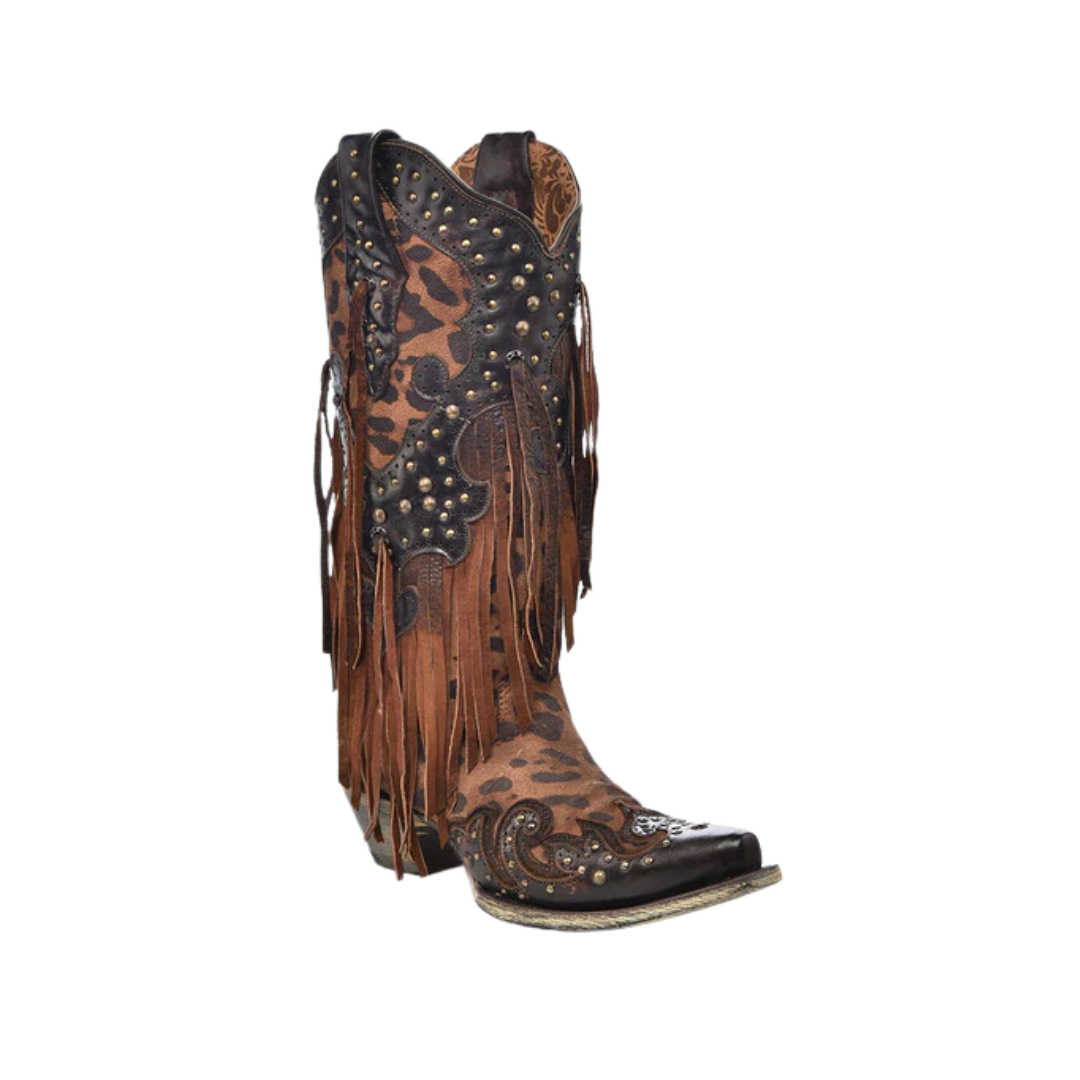 Corral Women's Leopard Print With Fringe And Studs Snip Toe Cowboy Brown Boo