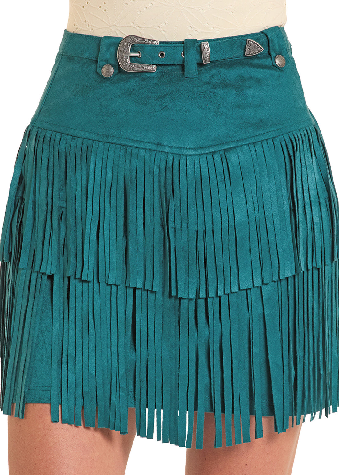 Teal Fringe Microsuede Belted Skirt