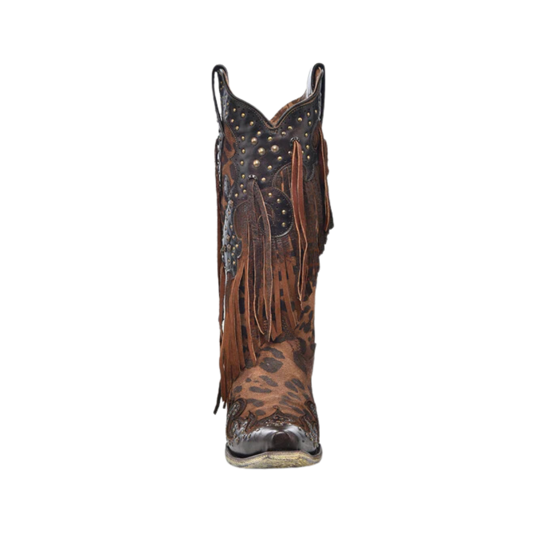 Corral Women's Leopard Print With Fringe And Studs Snip Toe Cowboy Brown Boo